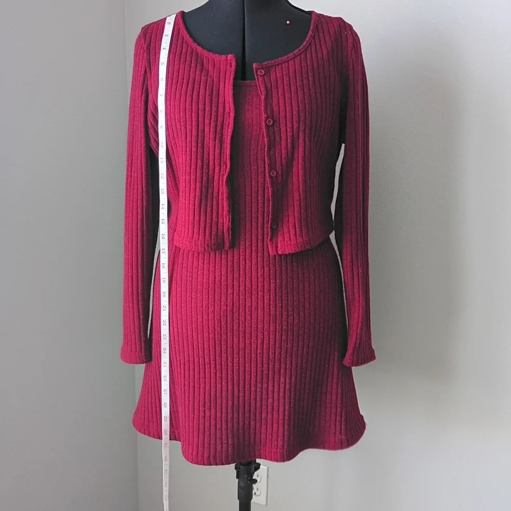 SHEIN Burgundy Ribbed Knit Mini Dress with Cropped Cardigan - Picture 6 of 9